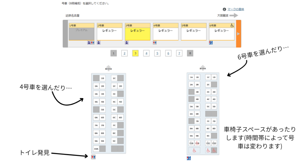 近鉄特急チケットレス予約画面 座席選択